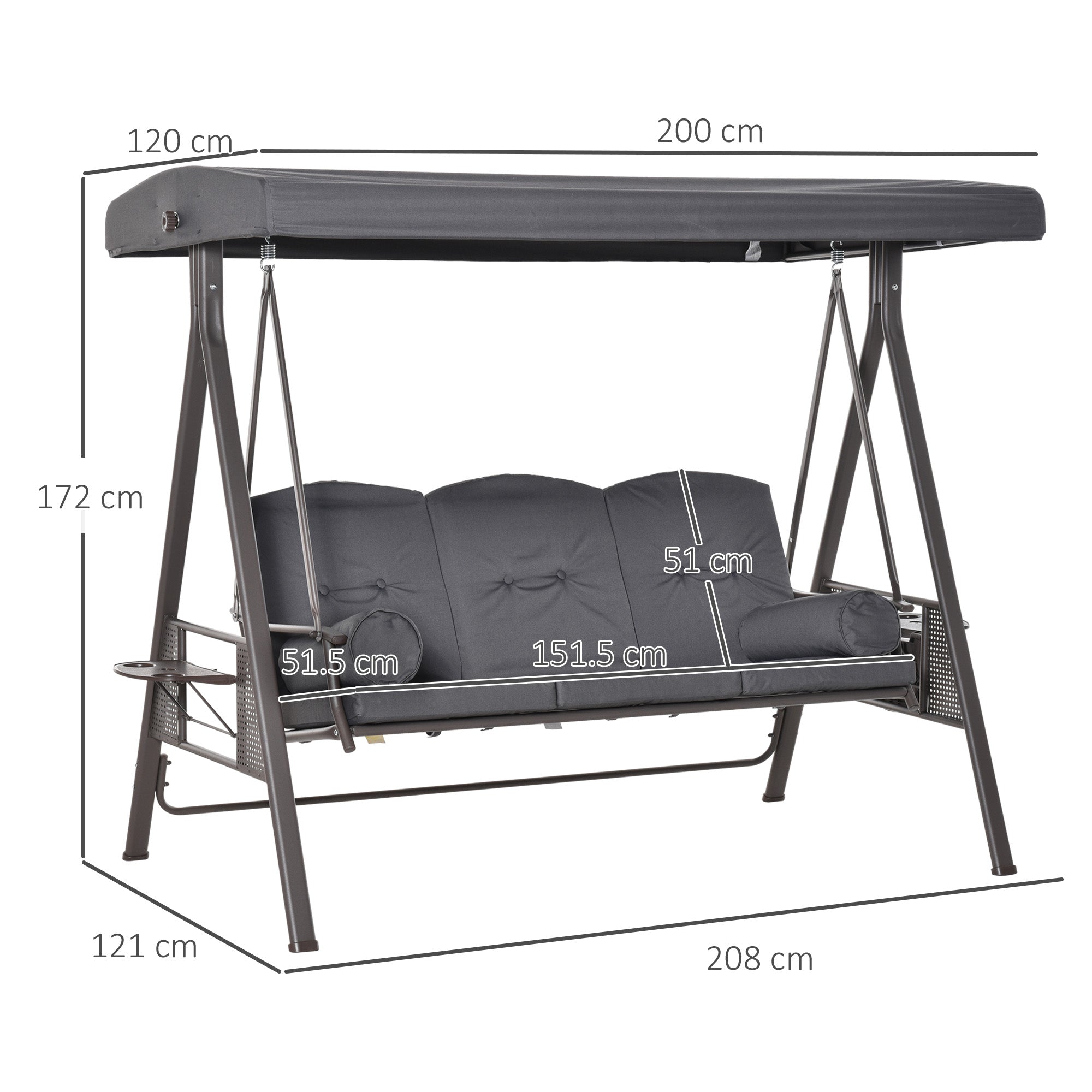 Outsunny 3 Seater Garden Swing Chair Outdoor Hammock Bench w/ Adjustable Canopy, Cushions and Cup Trays, Brown Steel Frame, Dark Grey Fabric 