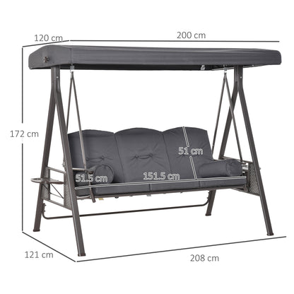 Outsunny 3 Seater Garden Swing Chair Outdoor Hammock Bench w/ Adjustable Canopy, Cushions and Cup Trays, Brown Steel Frame, Dark Grey Fabric 