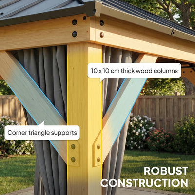 Outsunny 3 x 3 m Outdoor Hardtop Gazebo Canopy with 2-Tier Steel Roof, Wood Garden Gazebo with Curtains, Grey 