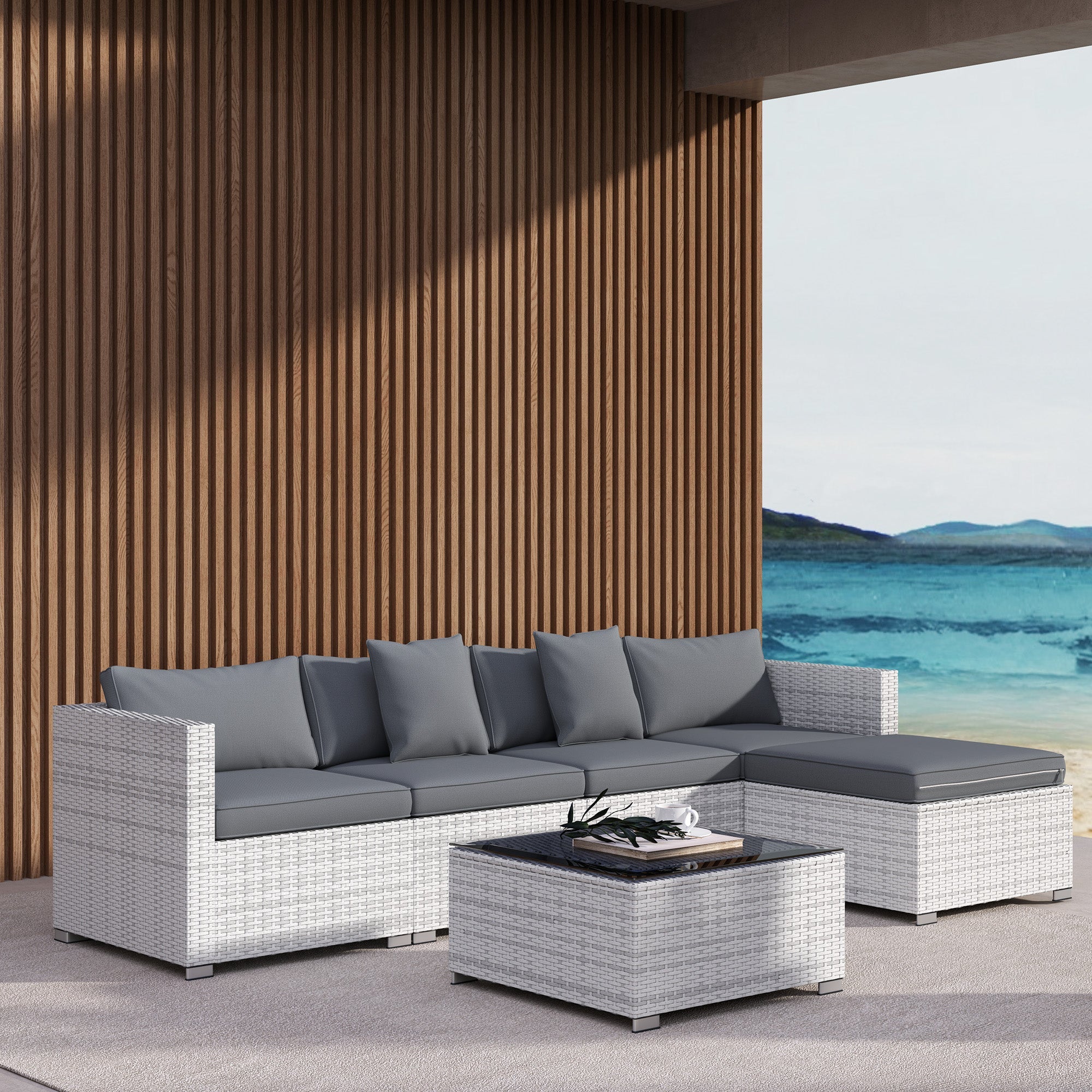 Outsunny 6 Pieces Rattan Corner Sofa Set - Mixed Grey 