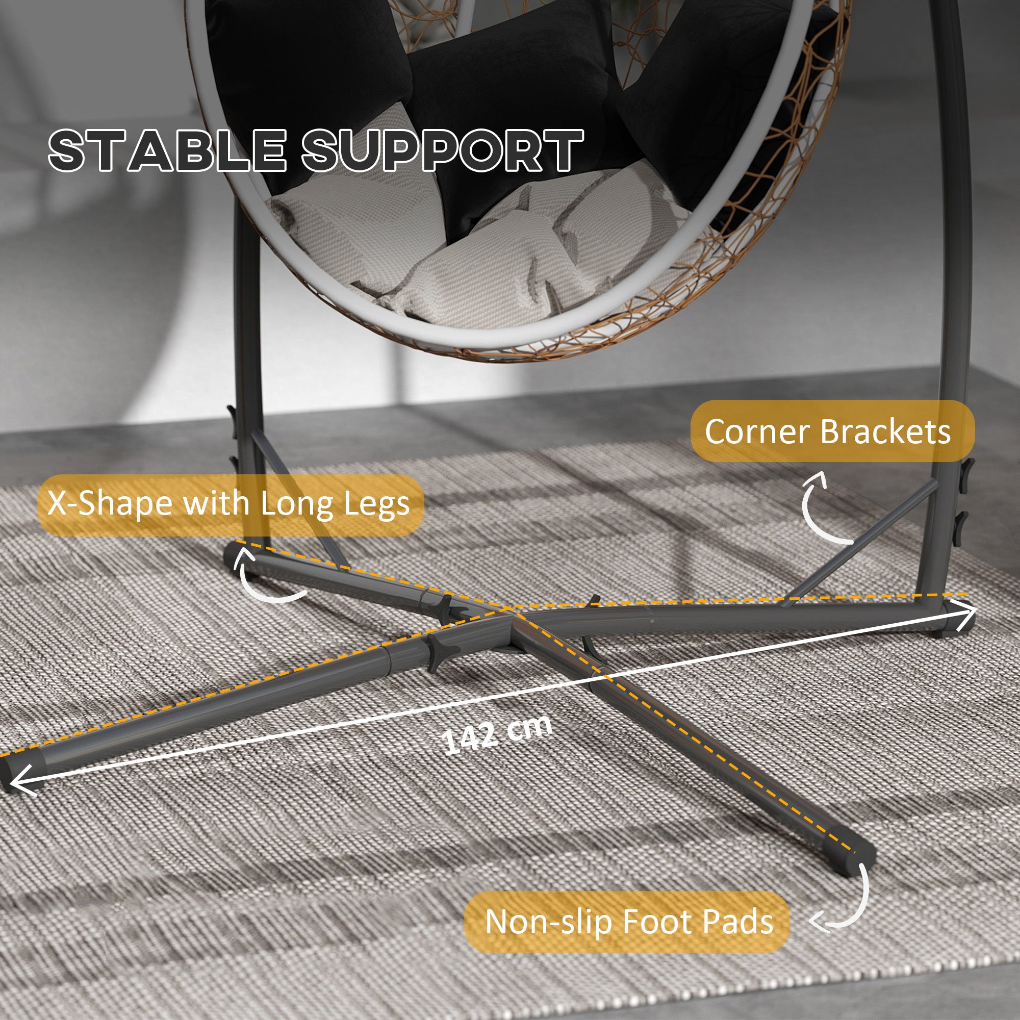 Outsunny Hammock Chair Stand Only, Hanging Chair Stand with X-Shape Base, Heavy Duty Steel Single Hammock Egg Swing Frame for Indoor Outdoor, 150 KG Load Capacity Black