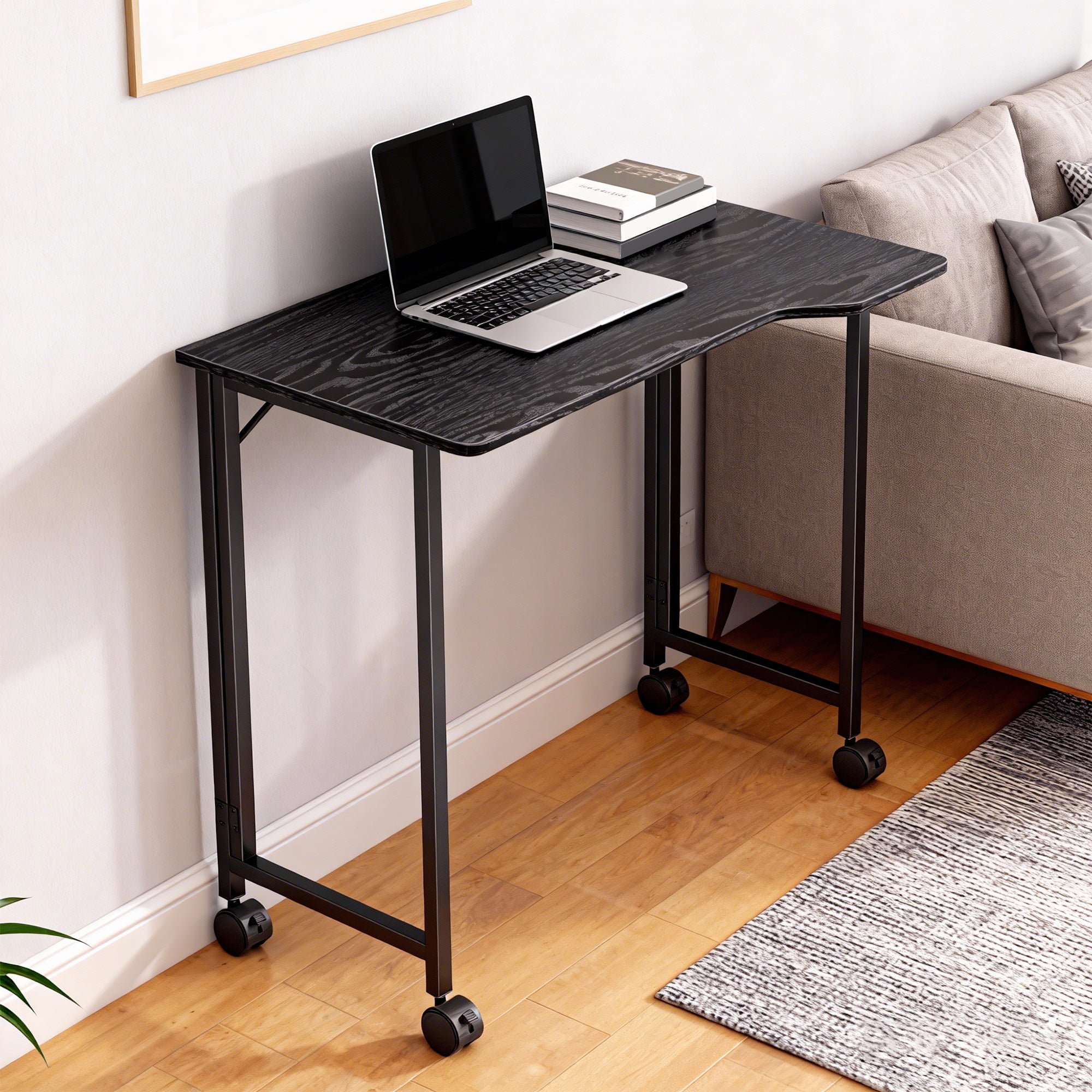 HOMCOM Folding Small Desk on Wheels - Black Wood Effect 