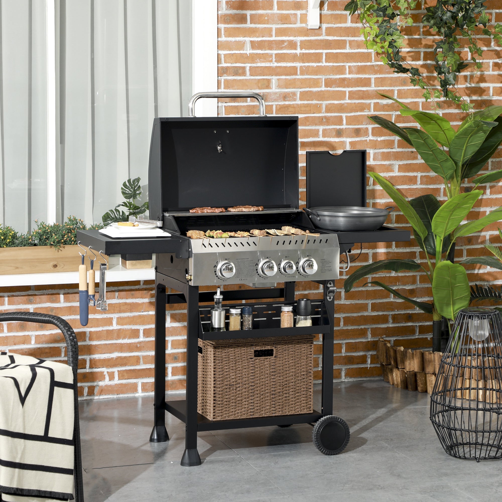Outsunny Four-Burner Steel Gas Grill, with Thermometer - Black 