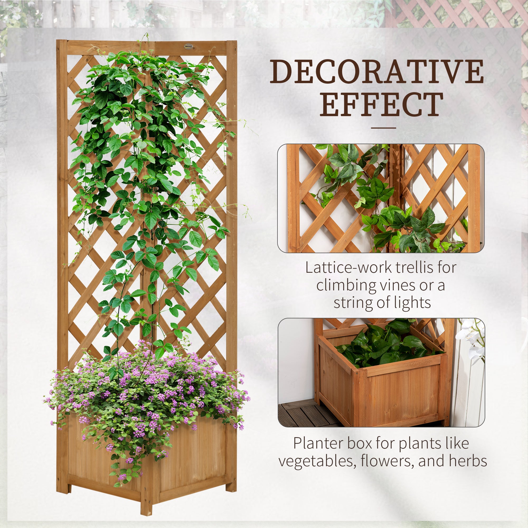 Outsunny Wooden Planter with Corner Trellis, Freestanding Raised Garden Bed with Drainage Bottom, Outdoor Planter Box, Brown 