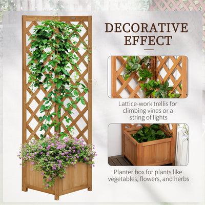 Outsunny Wooden Planter with Corner Trellis, Freestanding Raised Garden Bed with Drainage Bottom, Outdoor Planter Box, Brown 
