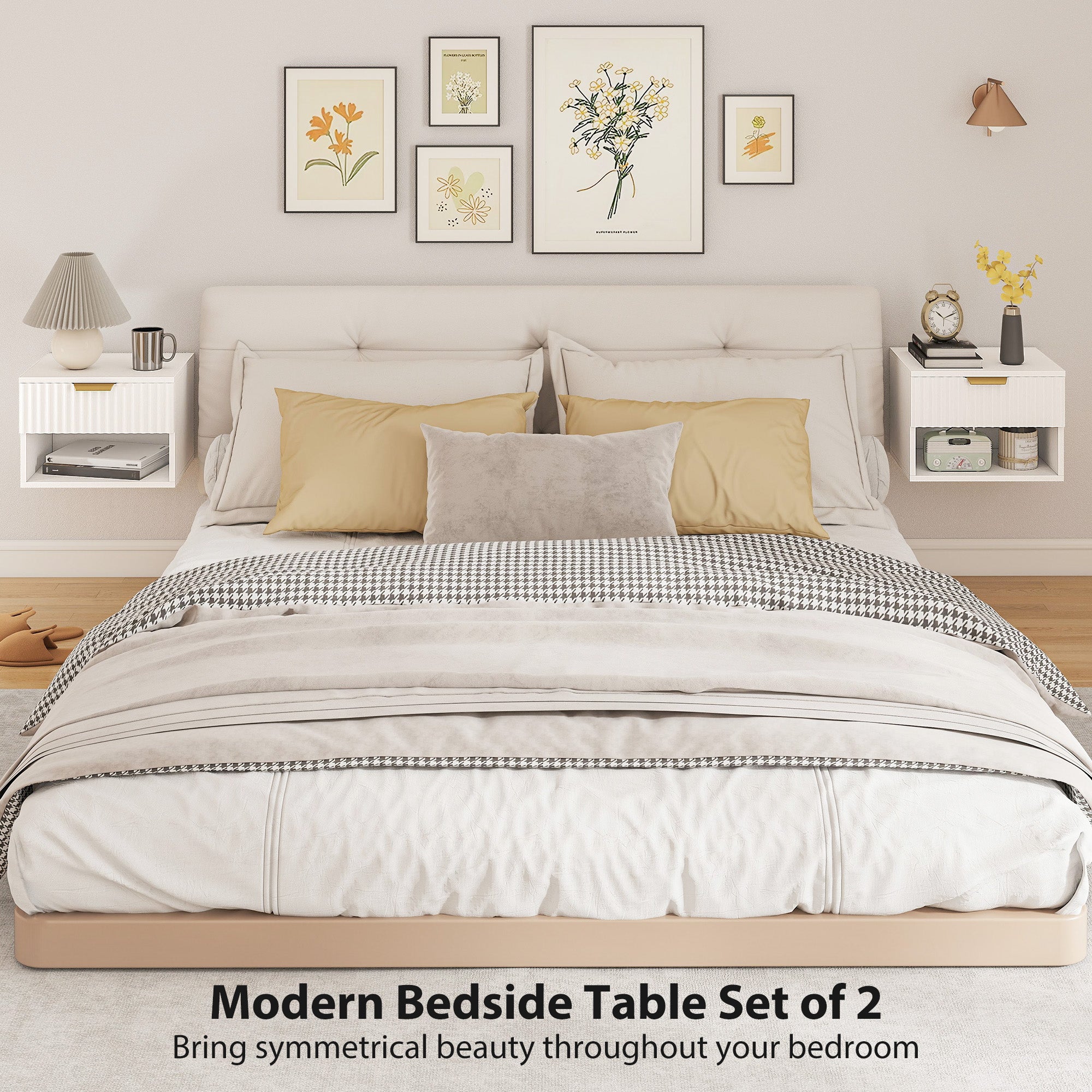HOMCOM Floating Nightstands Set of 2, Modern Wall Mounted Bedside Tables with Fluted Drawer and Open Shelf for Bedroom, White 