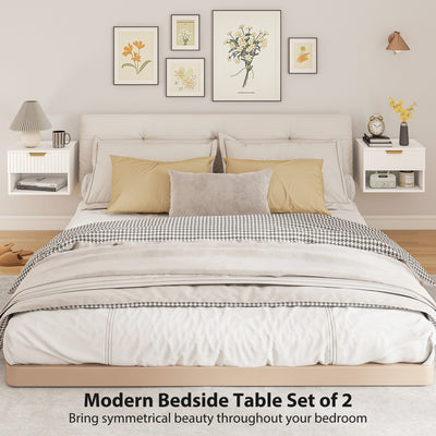 HOMCOM Floating Nightstands Set of 2, Modern Wall Mounted Bedside Tables with Fluted Drawer and Open Shelf for Bedroom, White 