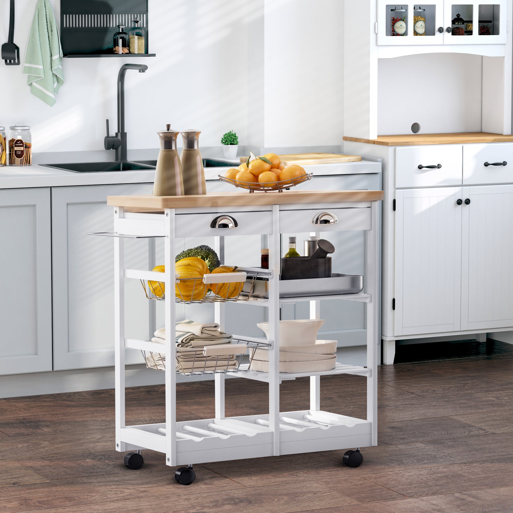 HOMCOM Rolling Kitchen Island Trolley Cart Drawer Shelves Basket Wheels W/  6 Bottle Wine Rack White 