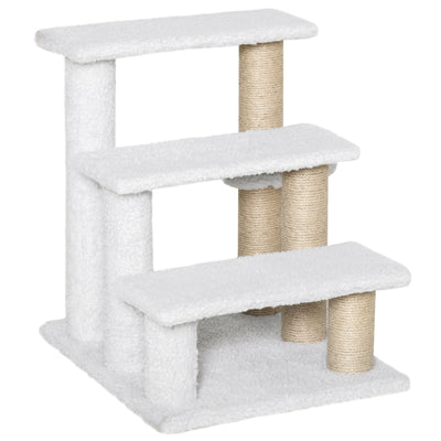 PawHut Pet Stair with 3-step Climb Ladder, Scratching Posts, Platforms, Toy Ball, for Indoor Elderly Cats Kittens, White 