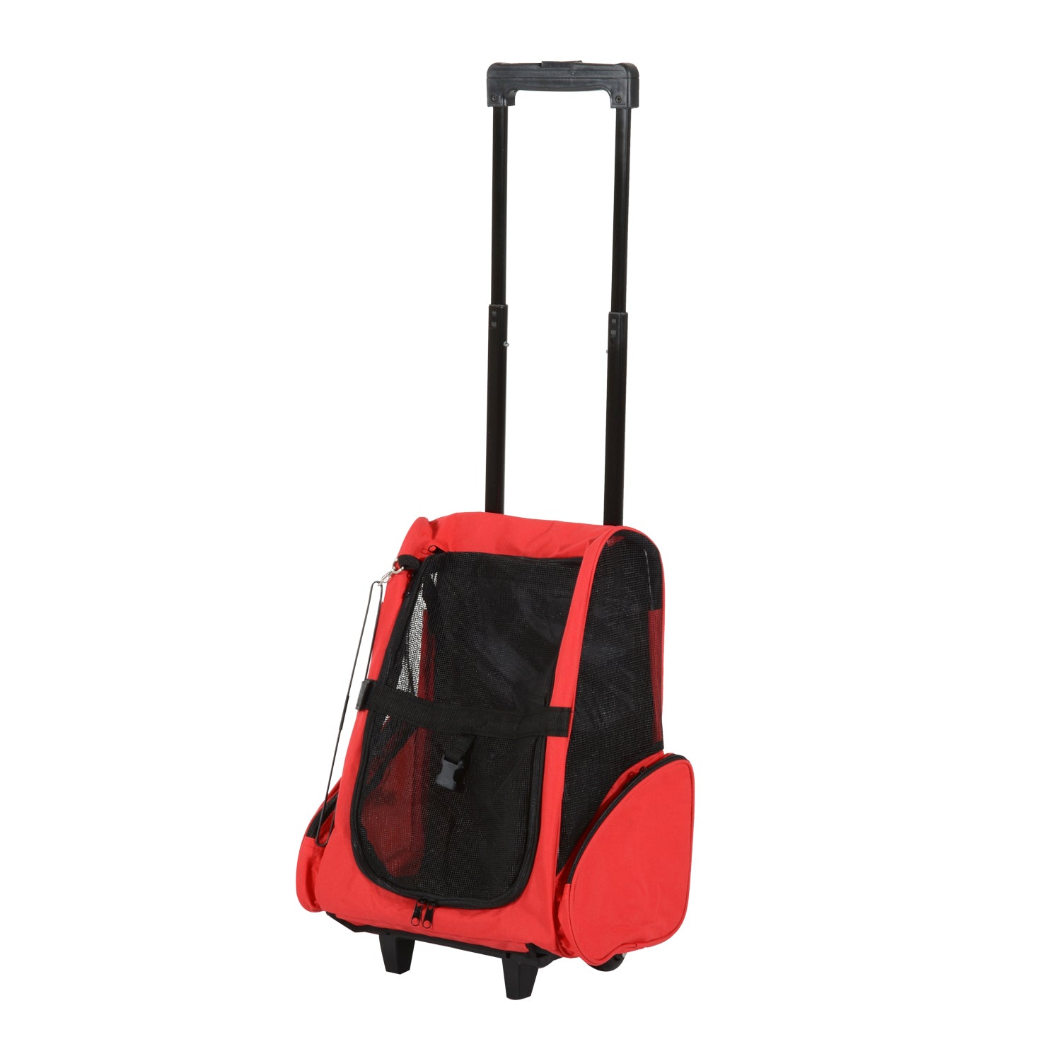 PawHut Pet Travel Backpack Bag Cat Puppy Dog Carrier w/ Trolley and Telescopic Handle Portable Stroller Wheel Luggage Bag (Red) 