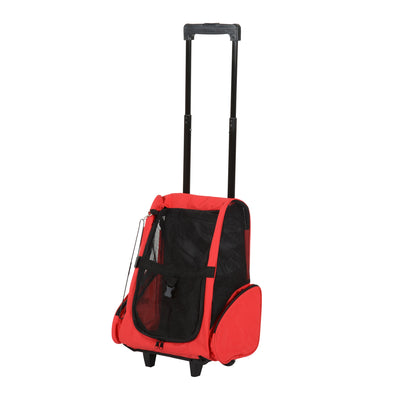 PawHut Pet Travel Backpack Bag Cat Puppy Dog Carrier w/ Trolley and Telescopic Handle Portable Stroller Wheel Luggage Bag (Red) 