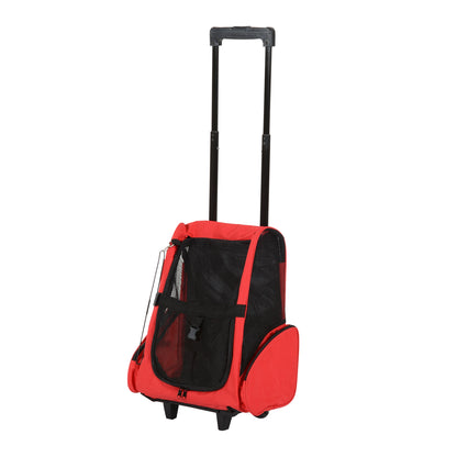 PawHut Pet Travel Backpack Bag Cat Puppy Dog Carrier w/ Trolley and Telescopic Handle Portable Stroller Wheel Luggage Bag (Red) 