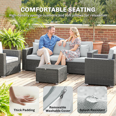 Outsunny 5 Seater Rattan Garden Furniture Set with Wide Armrests, Cushions, Pillows for Patio, Dark Grey 