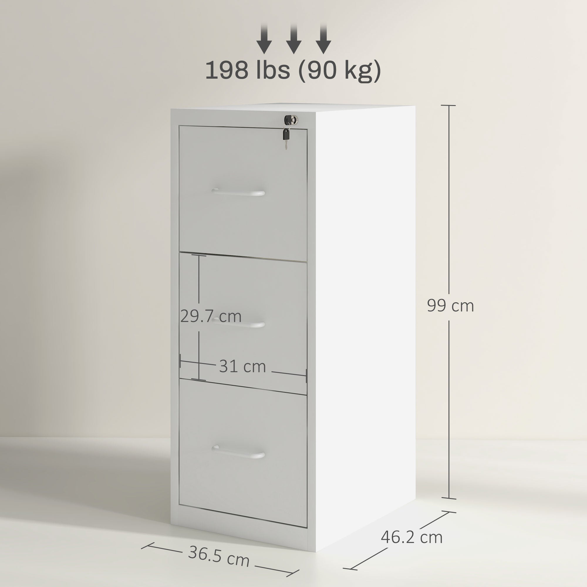 HOMCOM Three-Drawer Modern Steel Filing Cabinet - Cream 