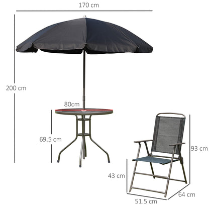 Outsunny 6 Piece Garden Dining Set with Umbrella, Patio Sets with Parasol with 4 Folding Dining Chairs & Round Tempered Glass Table, Black 