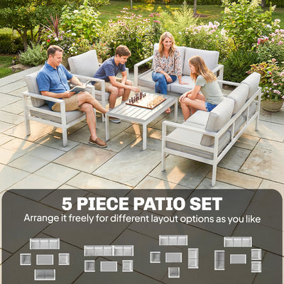 Outsunny 5 Pieces Aluminium Garden Furniture Set with Olefin Cushions, Extra Deep Outdoor Garden Sofa Set, White 
