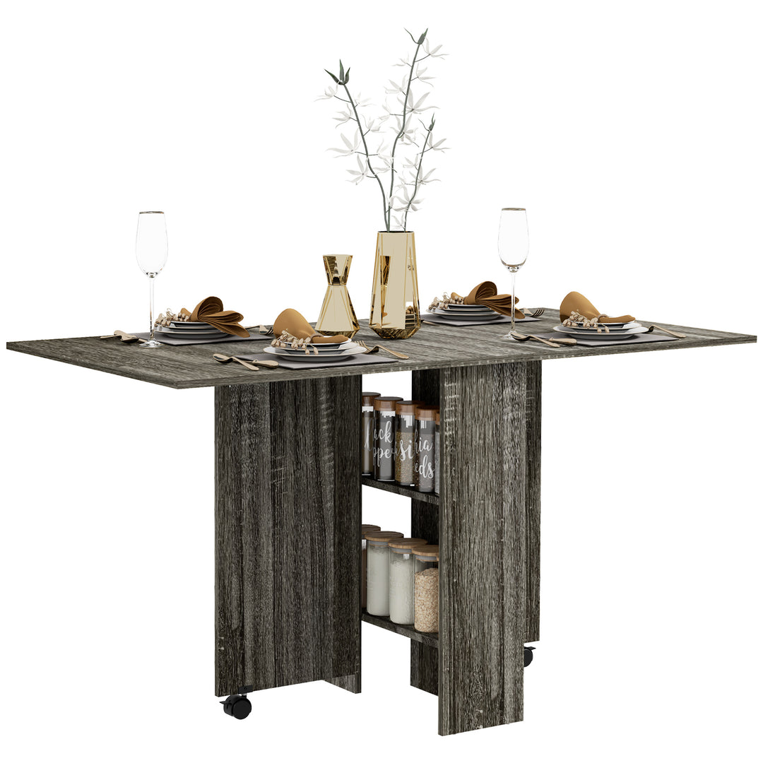 HOMCOM Folding Dining Table, Drop Leaf Table with 2-Tier Shelves, Rolling Casters, for Small Spaces, Kitchen, Grey 