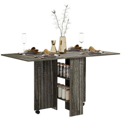HOMCOM Folding Dining Table, Drop Leaf Table with 2-Tier Shelves, Rolling Casters, for Small Spaces, Kitchen, Grey 
