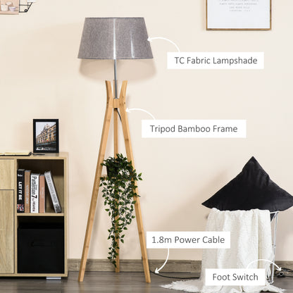 HOMCOM Natural Wood Tripod Floor Lamp Light E27 Base Bedroom Living Room Fabric Shade Storage Shelf Foot Switch, 156cm, Grey 
