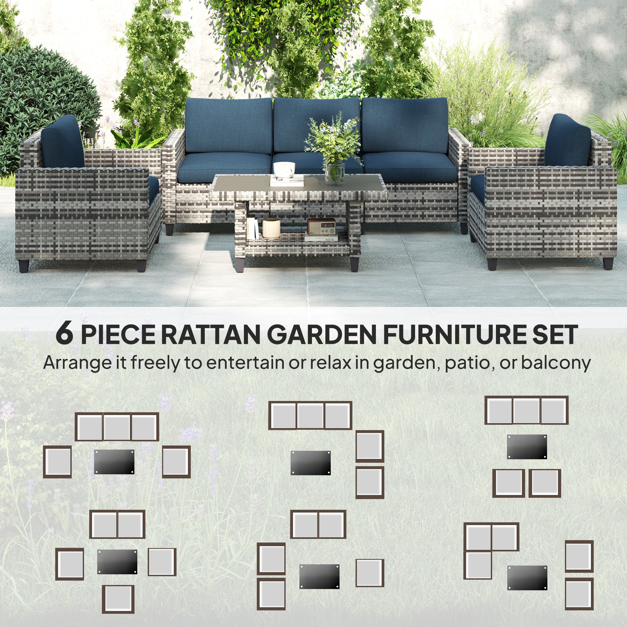 Outsunny 6 Pieces Rattan Garden Furniture Set, 5 Seater Wicker Outdoor Furniture Set with 2 Armchairs, Steel Frame Coffee Table and Cushions for Balcony, Porch, Navy Blue 