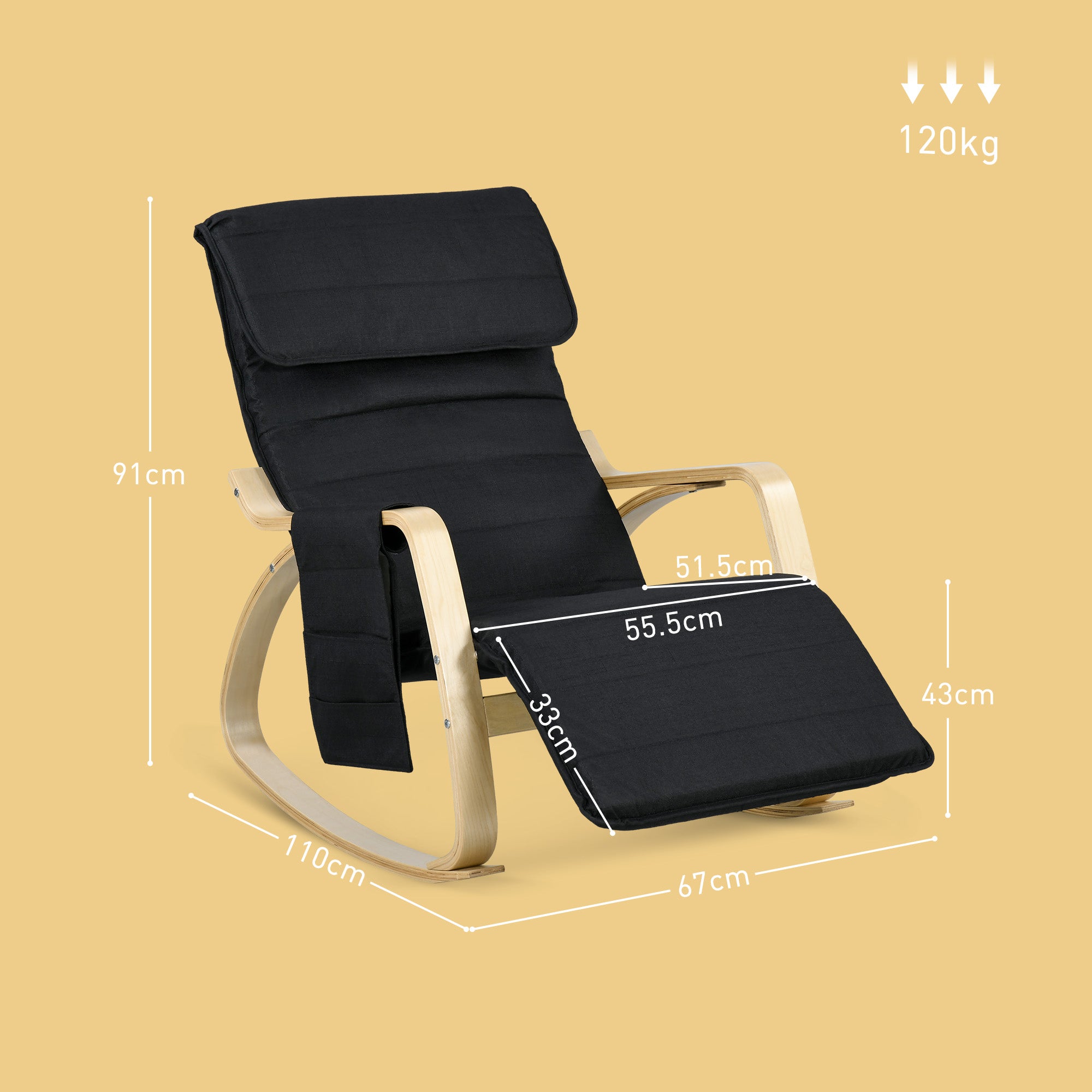 HOMCOM Rocking Lounge Chair Recliner Relaxation Lounging Relaxing Seat with Adjustable Footrest, Side Pocket and Pillow, Black 