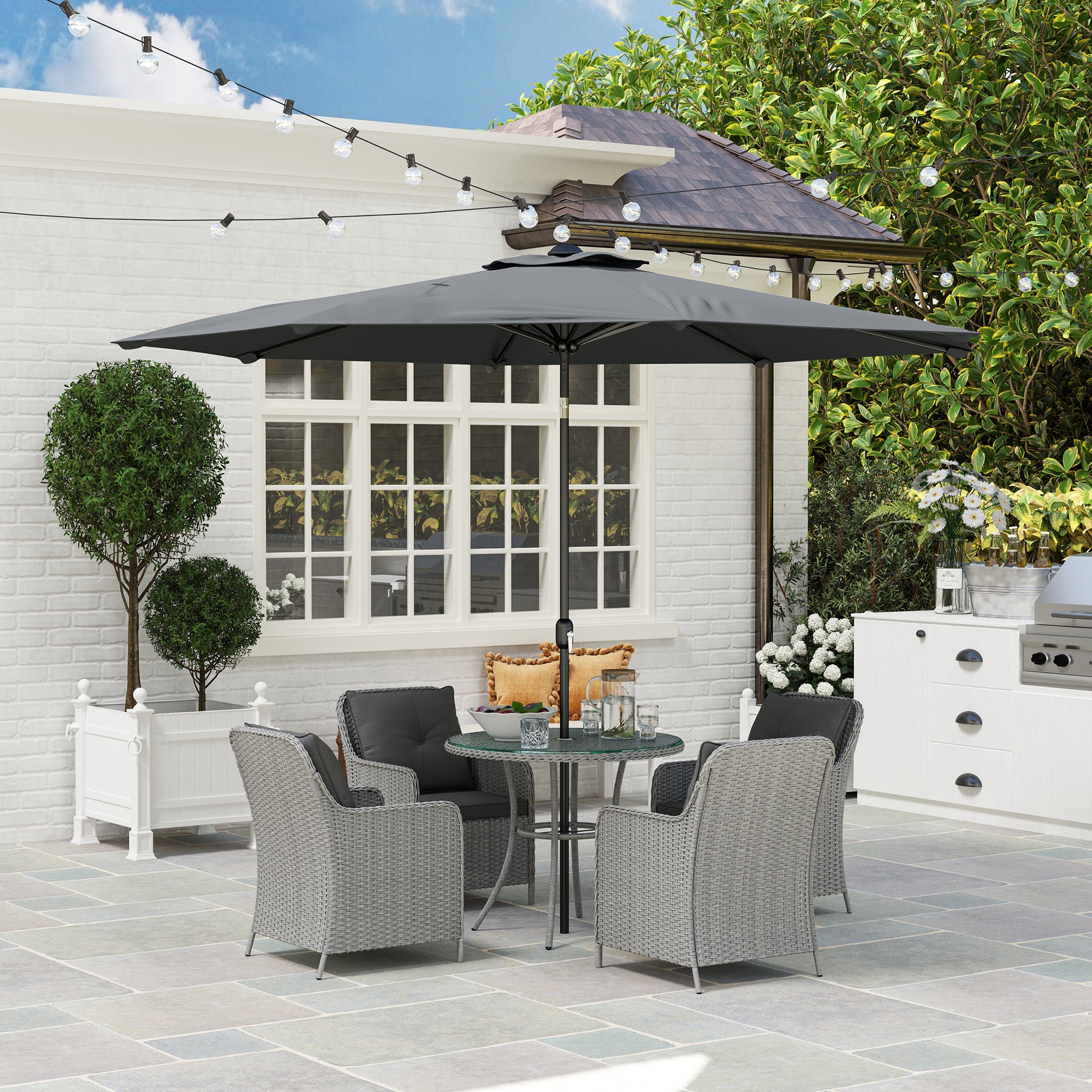 Outsunny 4 Seater Rattan Dining Set with Parasol & Cushions - Light Grey 
