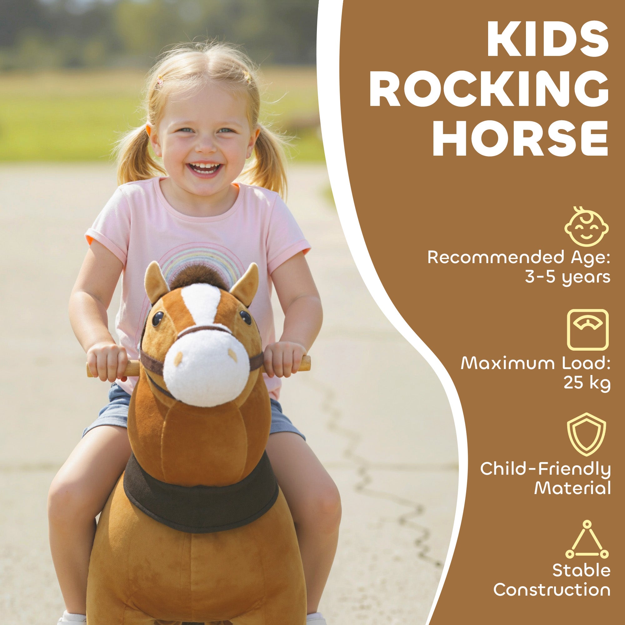 AIYAPLAY Ride On Horse, Plush Walking Horse Toy with Wheels and Saddle for Ages 3-5 Years Old, Brown 