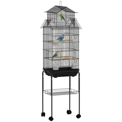 PawHut Metal Bird Cage with Plastic Swing, Perch, Food Container, Tray, Handle, for Finches, Canaries, Budgies, 43 x 32.5 x 163 