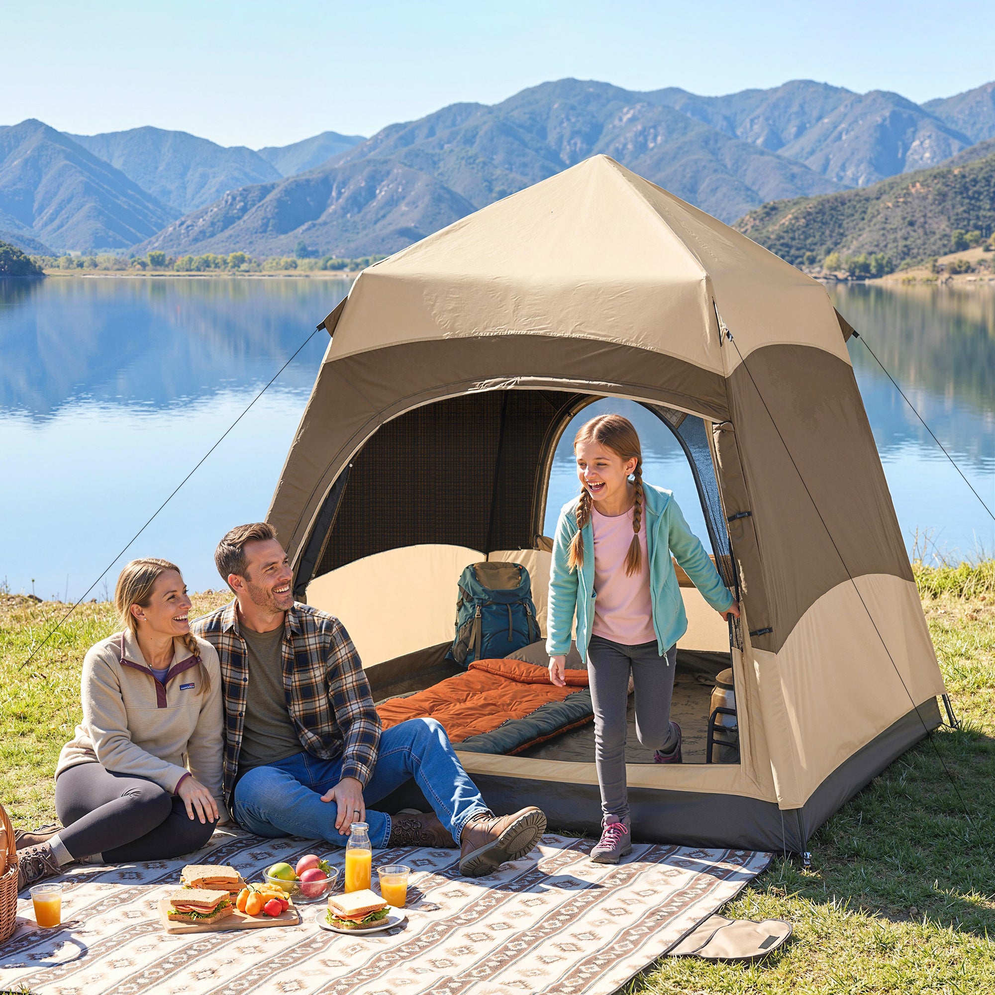 Outsunny Double Layer Instant Pop Up Tent with Rainfly, Portable Camping Shelter with Sewn-in Groundsheet and Carry Bag, Brown 