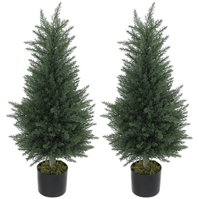 HOMCOM Set of 2 Decorative Artificial Plant, 90 cm Cypress Tree with 362 Leaves in Pot, UV-Resistant Plastic Fake Tree for Indoor Outdoor Home Office 