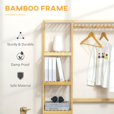 HOMCOM Bamboo Garment Rack, Clothes Rack with Storage Shelf, Hanging Rail and Side Hooks for Entryway, Bedroom, Bathroom and Office, Natural 