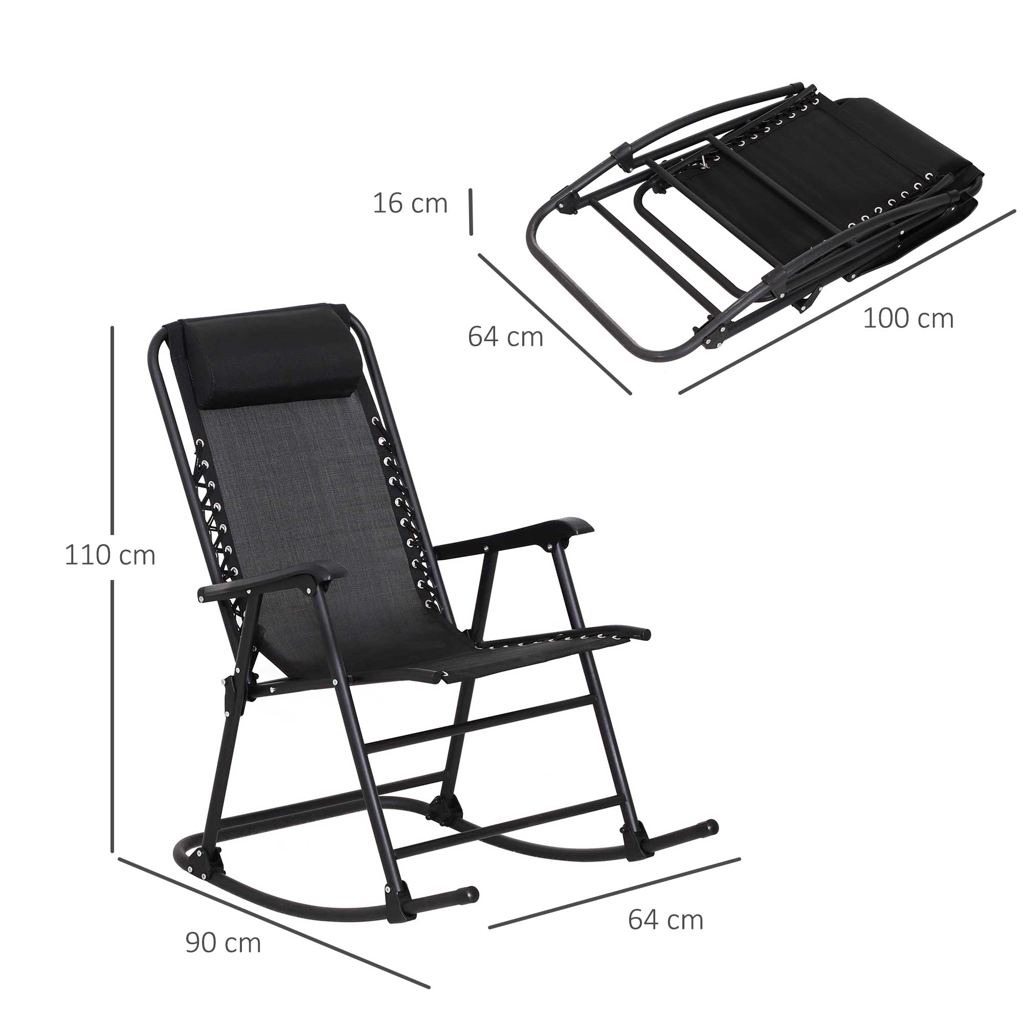 Outsunny Garden Rocking Chair Folding Outdoor Adjustable Rocker Zero-Gravity Seat with Headrest Camping Fishing Patio Deck, 90 x 64 x 110 cm - Black 