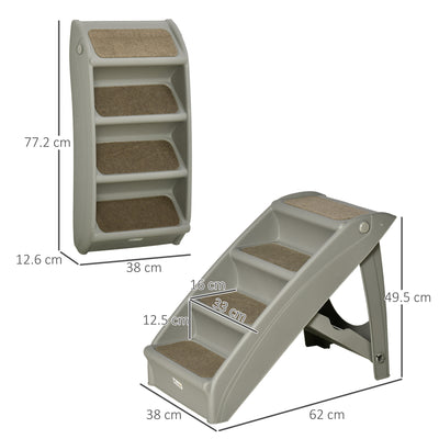 PawHut Foldable Four-Step Pet Stairs, for Cats, Small Miniature Dogs, with Non-Slip Mats 62 x 38 x 49.5cm - Grey 