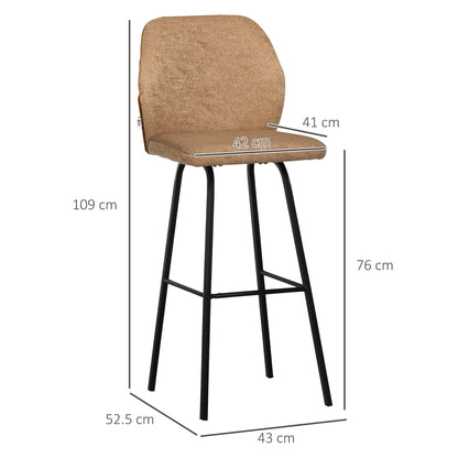 HOMCOM Bar Stools Set of 2, Linen-Touch Upholstered Bar Chairs, Kitchen Stools with Backs and Steel Legs for Dining Room, Light Brown 