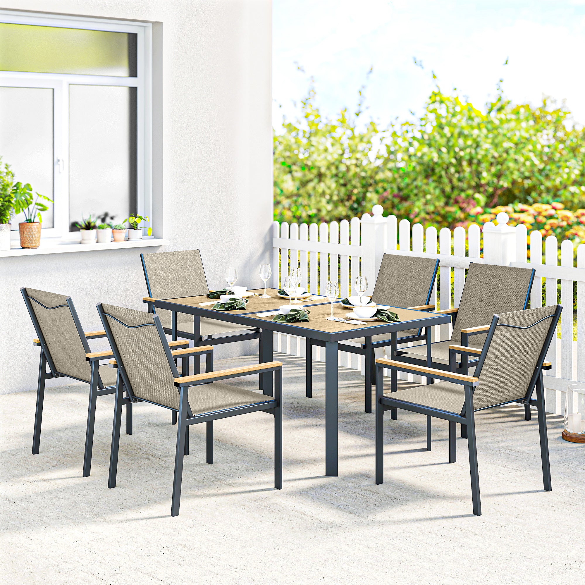 Outsunny Seven-Piece Metal Garden Dining Set, with Glass-Top Table - Khaki 