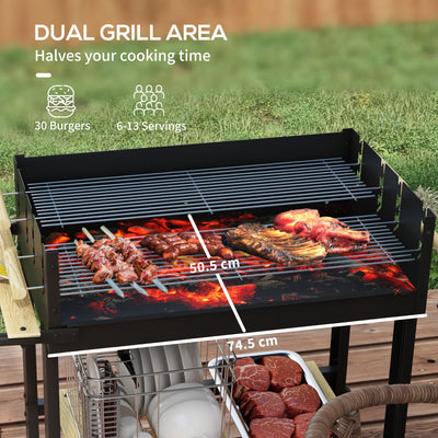Outsunny Charcoal BBQ Grill, Barbecue Trolley with Double Adjustable Grill, Side Table, Storage Shelf and Wheels for Outdoor Garden Party Cooking, Black 