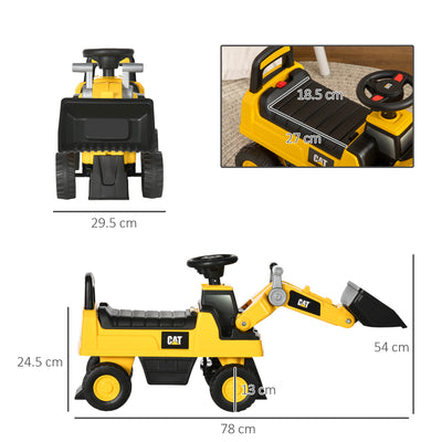 HOMCOM CAT Licensed Kids Construction Ride-On Toddler Digger Excavator Foot-To-Floor Ride-On Toy w/ Manual Shovel, Horn, Hidden Storage, for Ages 1.5-3 Years 