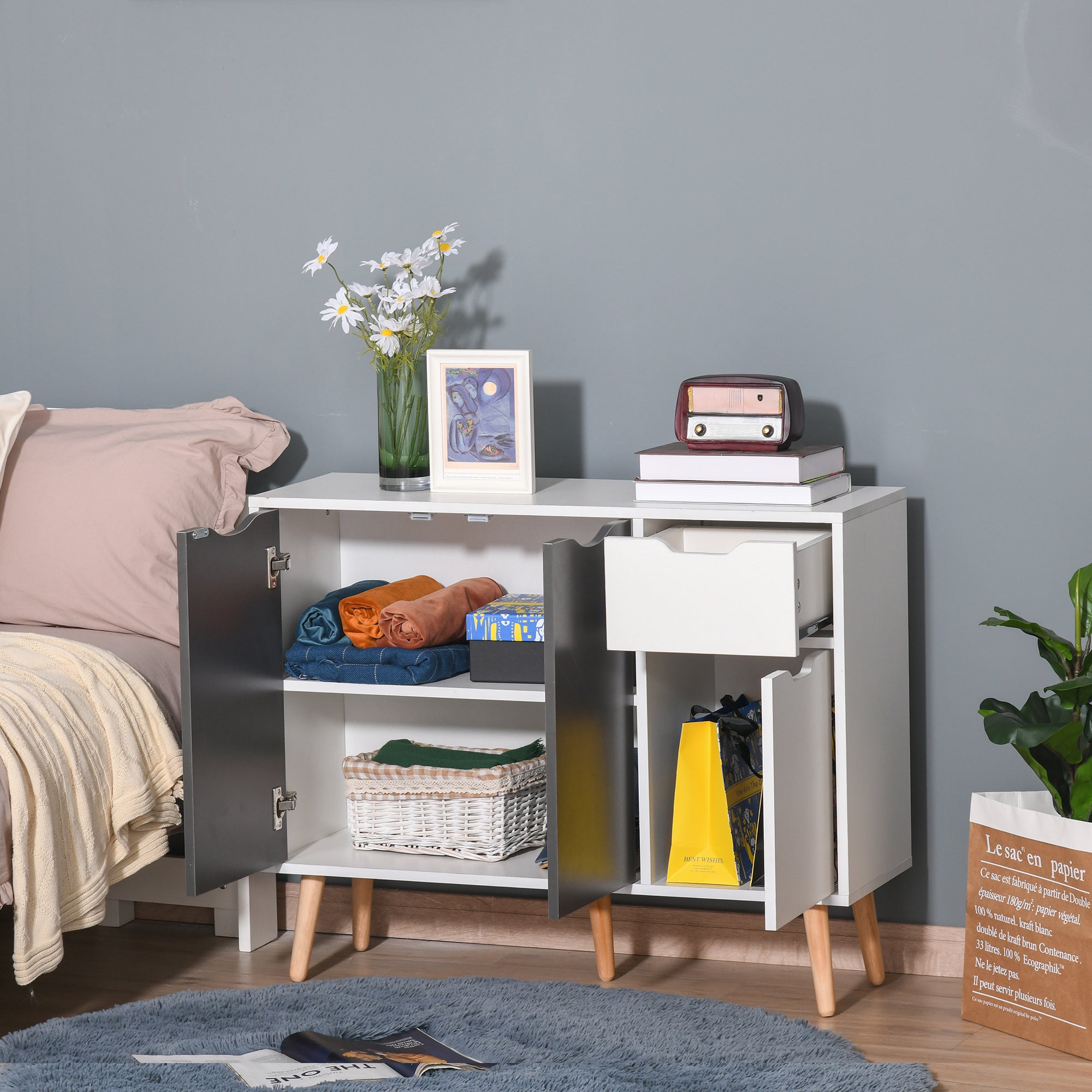 HOMCOM Sideboard Floor Standing Storage Cabinet with Drawer for Bedroom, Living Room, Home Office, Grey 