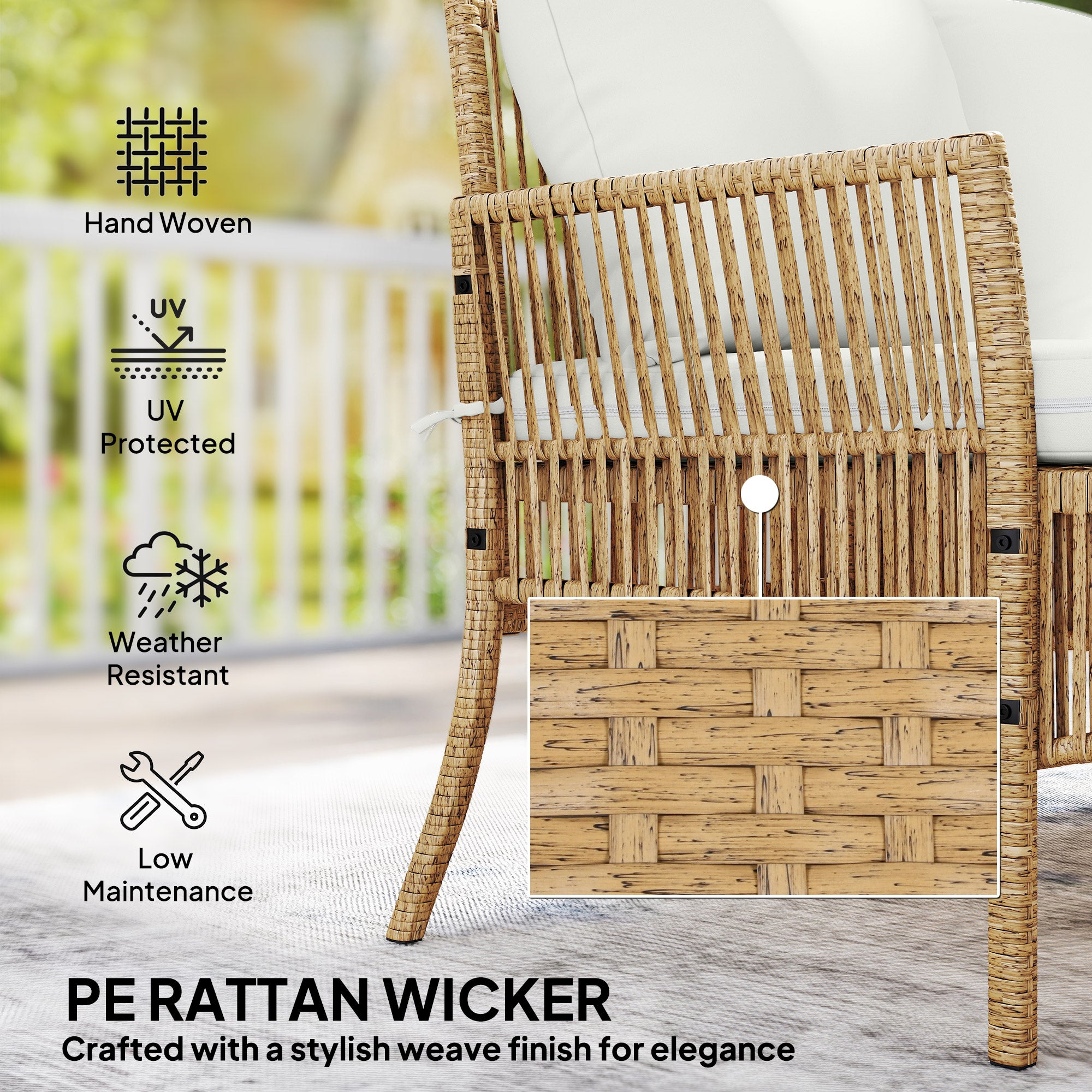 Outsunny 3 Piece Rattan Garden Furniture Corner Sofa Set with Chaise Lounge, Loveseat, Glass Coffee Table, Cushions, Natural Wood 
