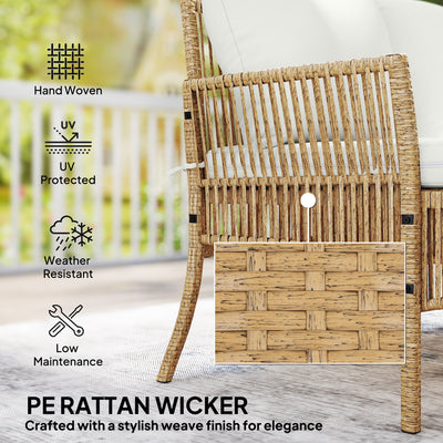 Outsunny 3 Piece Rattan Garden Furniture Corner Sofa Set with Chaise Lounge, Loveseat, Glass Coffee Table, Cushions, Natural Wood 