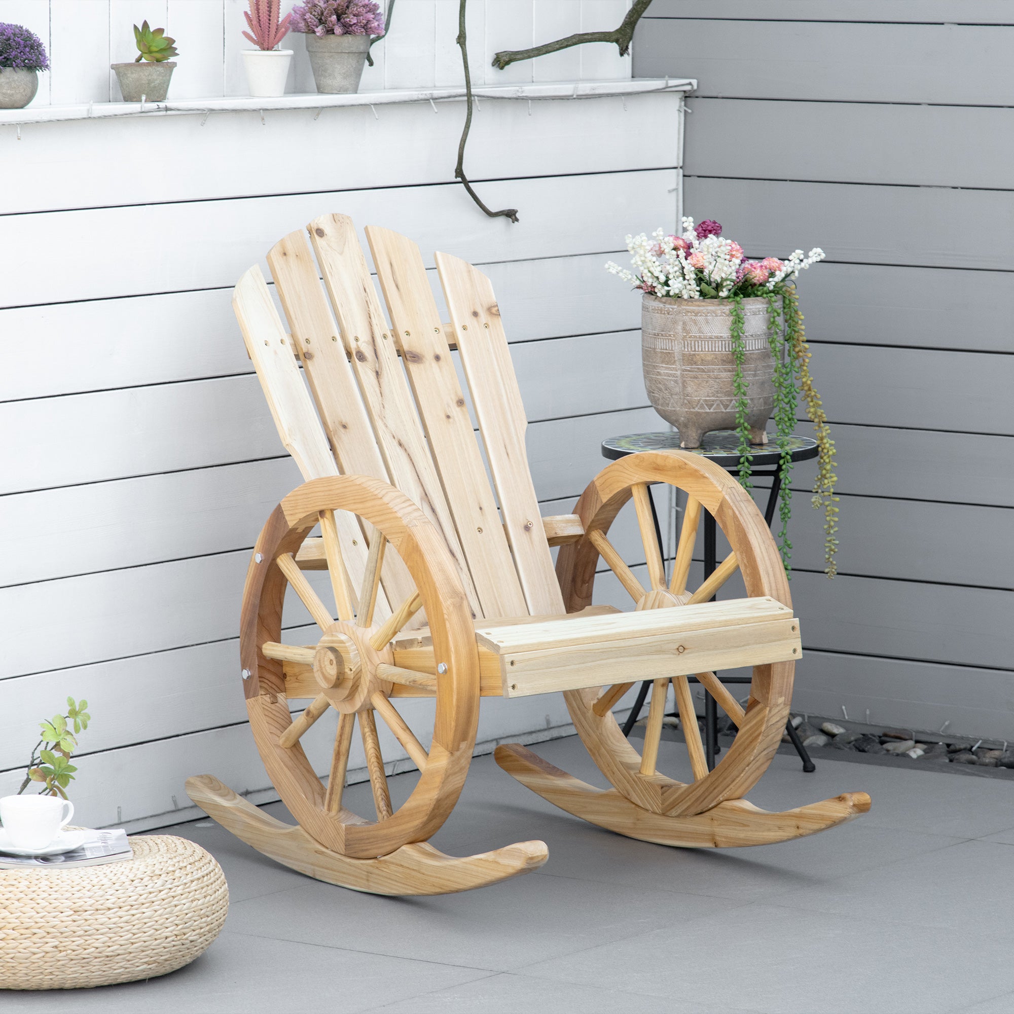 Outsunny Wooden Adirondack Rocking Chair Reclining Armchair Outdoor Garden Furniture Patio Porch Rocker - Natural 