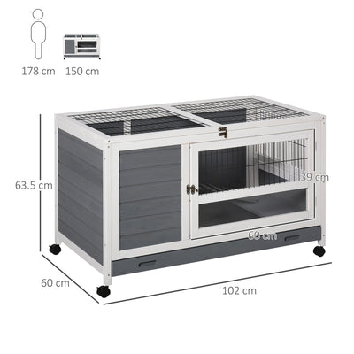 PawHut Indoor Rabbit Hutch Guinea Pig House Wooden Elevated Pet Bunny Cage with Wheels Openable Roof 102 x 60 x 63.5cm Grey 