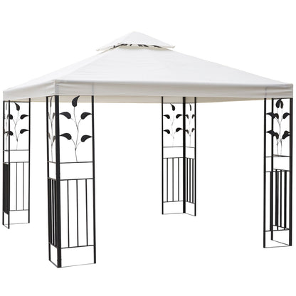 Outsunny 3 x 3m Outdoor Steel Gazebo with 2 Tier Roof, Garden Gazebo Patio Canopy Marquee Shelter with Decorative Steel Frame - Cream 