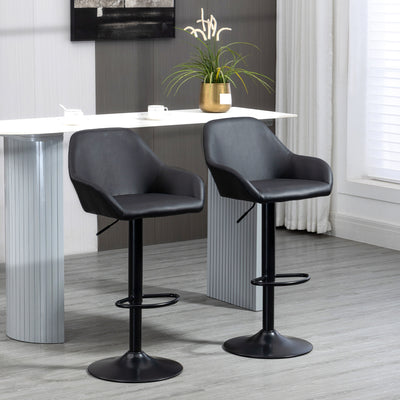 HOMCOM Bar Stools Set of 2, Height Adjustable Swivel Barstools, PU Leather Kitchen Stools with Backs, Armrests and Footrest for Home, Counter and Dining Room, Black 
