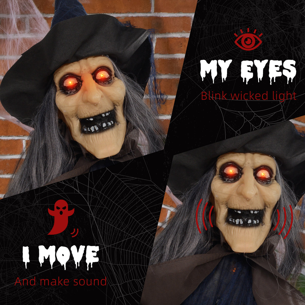 HOMCOM 6'2" Witch with Broomstick Halloween Animatronic, with Glowing Eyes 