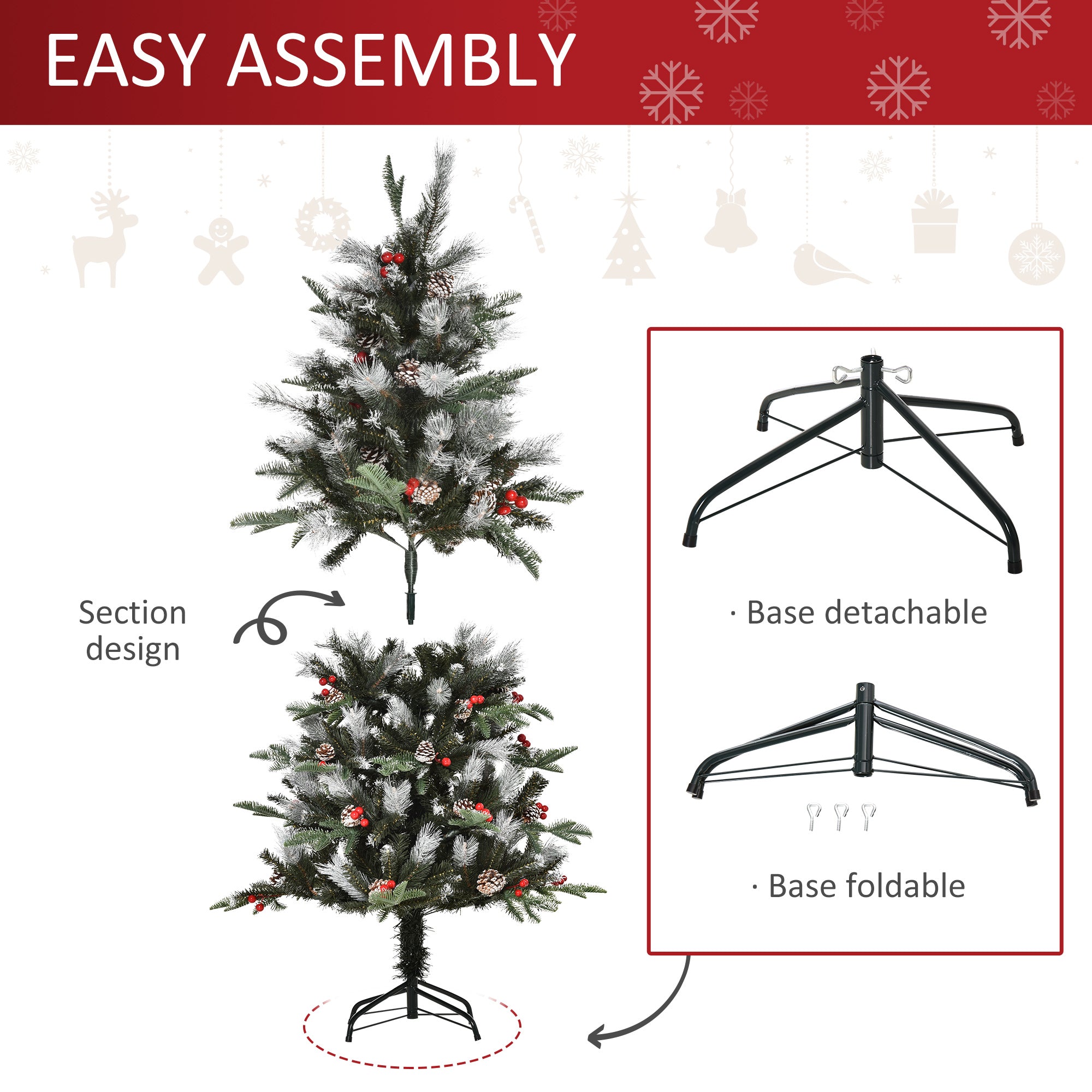 HOMCOM 5FT Artificial Snow Dipped Christmas Tree Xmas Pencil Tree Holiday Home Party Decoration with Foldable Feet Red Berries White Pinecones, Green 
