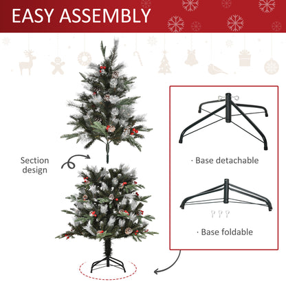 HOMCOM 5FT Artificial Snow Dipped Christmas Tree Xmas Pencil Tree Holiday Home Party Decoration with Foldable Feet Red Berries White Pinecones, Green 