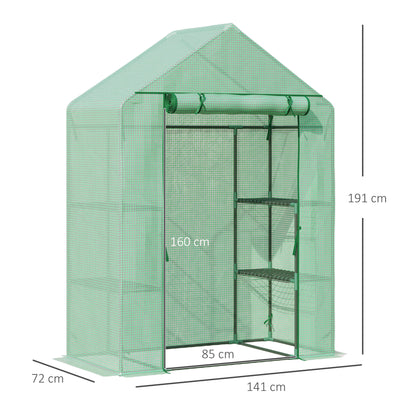 Outsunny Walk In Greenhouse with Shelves, Portable Gardening Plant Grow House for Outdoor with 2 Tier Shelf, Roll-Up Zippered Door, PE Cover, 141 x 72 x 191cm, Green 