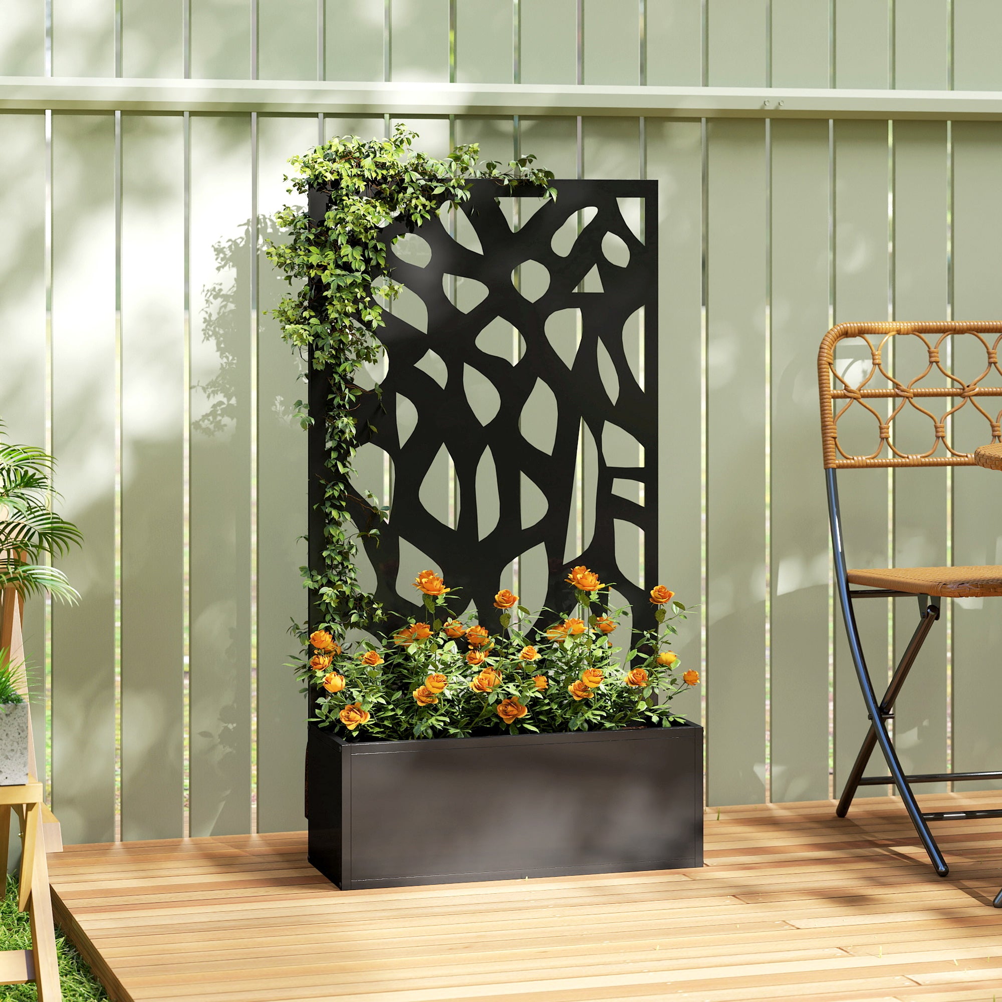 Outsunny Metal Raised Garden Bed with Trellis, Outdoor Planter Box with Privacy Screen, Elevated Garden Box for Climbing Plants 