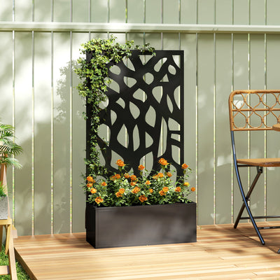 Outsunny Metal Raised Garden Bed with Trellis, Outdoor Planter Box with Privacy Screen, Elevated Garden Box for Climbing Plants 